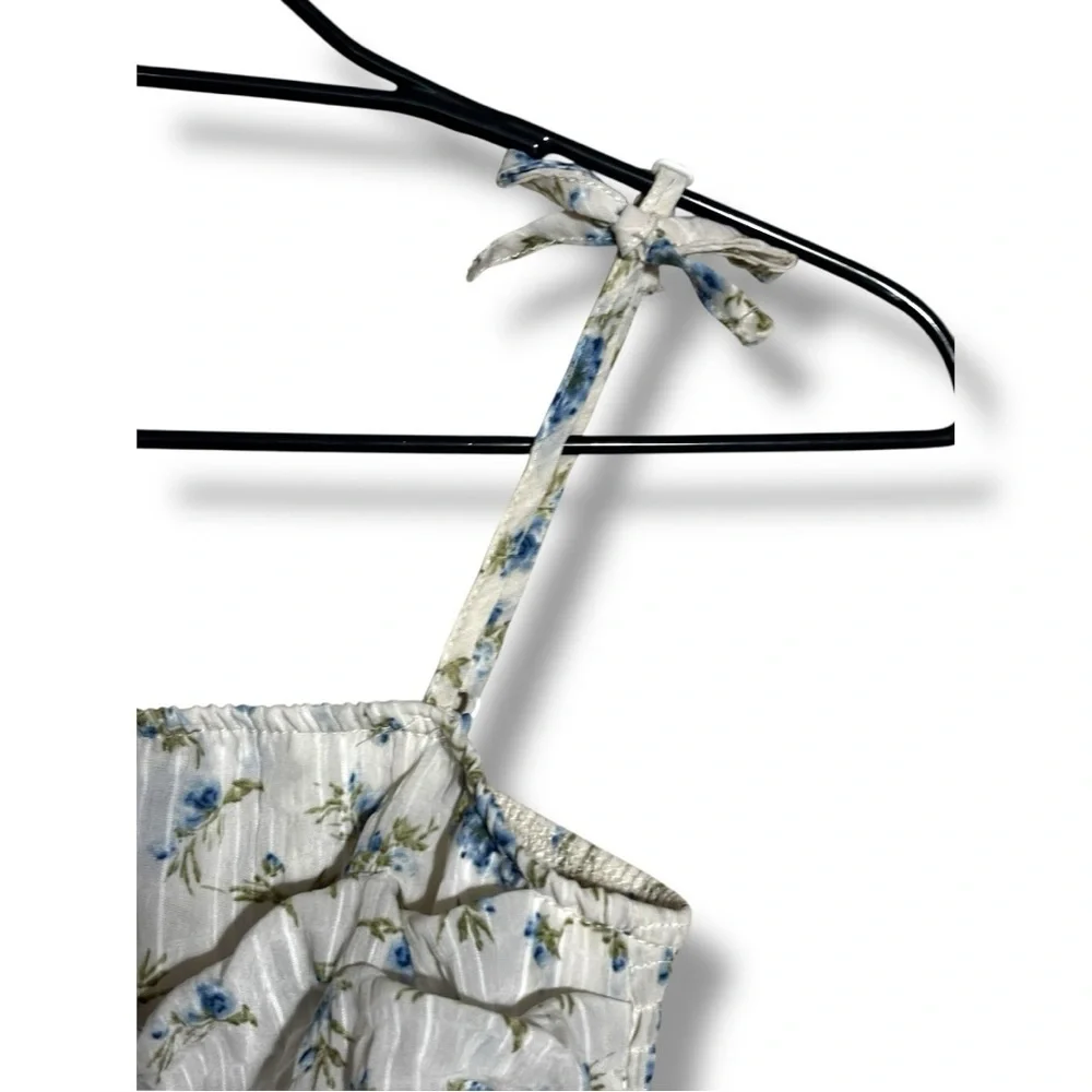 Unbranded White and Blue Floral Layered Tie Straps Empire Waist Babydoll Dress